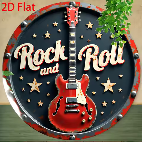2D Flat - 1pc Retro Rock 'n' Roll Aluminum Tin Sign Wall Art - 8x8 Inch Vintage Round Metal Plaque w