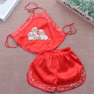 Bộ Yếm Thêu Màu Đỏ Lụa Em Bé Dành Cho Bé Trai Và Bé Gái Một Hai Ba Tuổi Quần Áo Sinh Nhật Quấn Bọc T