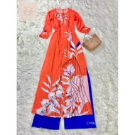 E13-6D FLOWER PRINTED Ao Dai ROUND NECK /READY MADE Ao Dai / LYNKA88 Ao Dai
