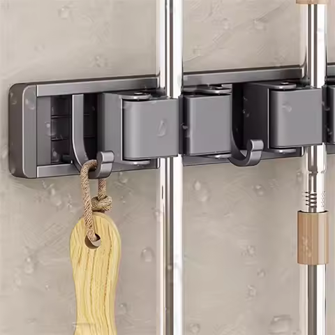 3/4 Hooks Gray Mop Holder Broom Organizer Rack Mop Holder Wall Mounted Strong Broom Mop Holder Self 