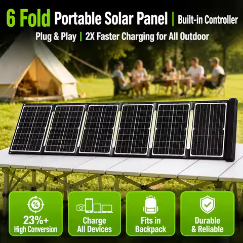 60W Portable Solar Panel with Built-in Controller, 18V Foldable 6-Fold Monocrystalline Solar Charger