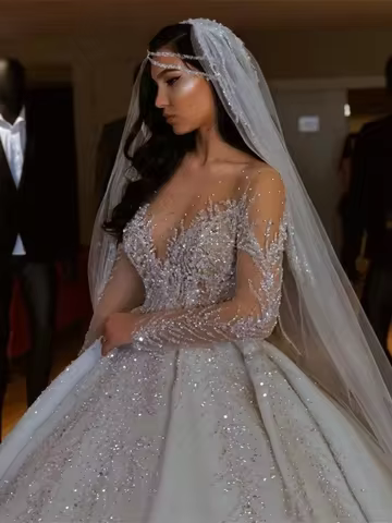 Customize Beads Sequins Wedding Dress Dubai O-neck Long Sleeve Bride Robe Ball Gown Bridal Gown