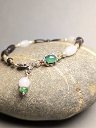 天然緬甸冰種綠蛋面 白冰米珠翡翠 檀木串珠 925純銀配件手鍊