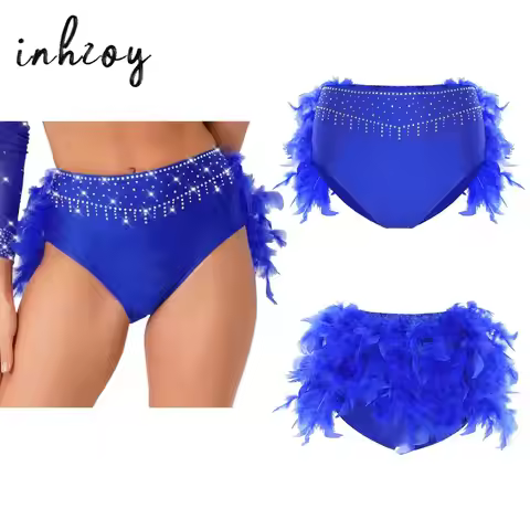 Womens Belly Dance Briefs Front Rhinestone Back Downy Feather High Waist Briefs Shorts for Latin Cha