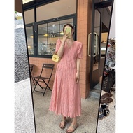 PLUS ขนาด V คอ Ruched ชุดผู้หญิงฤดูร้อนหลวมยาว A-Line กระโปรงสบายๆสไตล์ฝรั่งเศส Chic Design Aomei คุ
