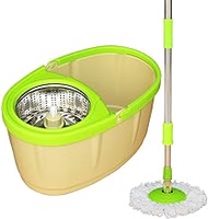 Mop - Mop with Stainless Steel Bucket System Extended Length Handle Microfiber Mop Heads, Spin Mop Bucket System Anniversary