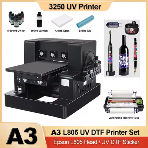 A3 UV DTF Flatbed Printer L805 XP600 Head with Rotary UV Printer 3D Embossed Print on Tumblers Phone
