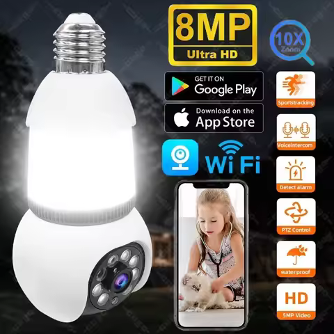 8MP E27 Bulb WiFi Camera With LED lights 2 in 1 IP Surveilance Cam 10X Zoom PTZ Tracking Two-way Aud