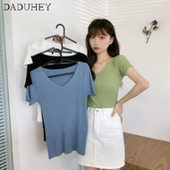 Daduhey Women V-Neck Ice Silk Knitwear Short Sleeve T-Shirt