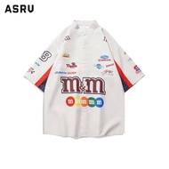 ASRV เสื้อสงกรานต์2567 เสื้อสงกรานต์2024 การจับคู่สีย้อนยุคสไตล์การแข่งรถเสื้อแขนสั้นผู้ชายฤดูร้อนใหม่พิมพ์รถจักรยานยนต์เสื้อผ้าหลวมด้านบน