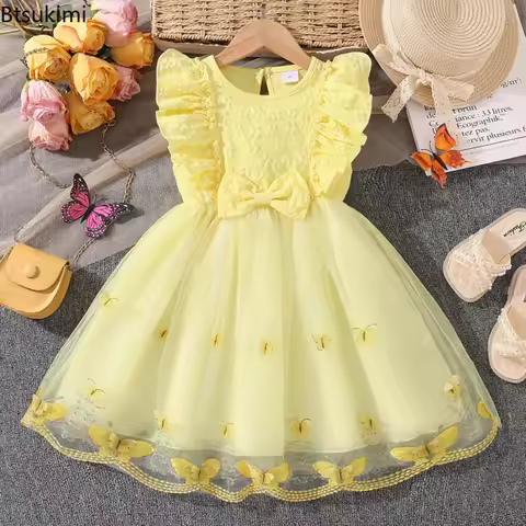 Baby Girl's Dress Yellow O-Neck Fly-Sleeve Tulle Bowknot 4-7 Years Summer New Elegant Sweet Style Pr