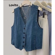 Lovito Casual Plain Button Front Washed Denim Top