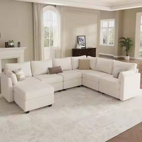 7-Seater Beige Sectional Sofa with Chaise and Storage for Living Room