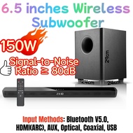 6.5" Wireless Subwoofer 2.1CH Soundbar – 150W, SNR≥80dB, BT5.0/HDMI/USB/AUX/Optical/Coaxial, L900×D7
