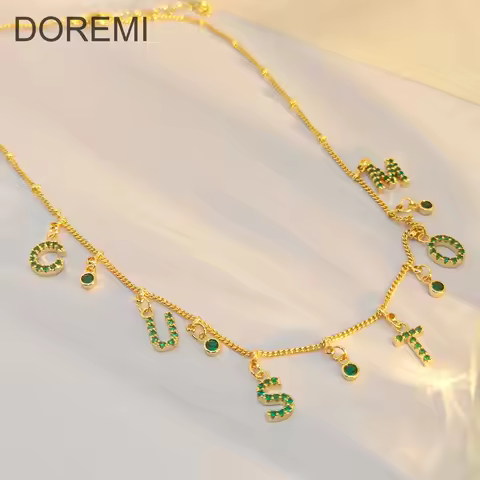 DOREMI Personalized 9mm Crystal Letters Stone Charms Choker Cuban Chain Initial Letter Colorful Cz L