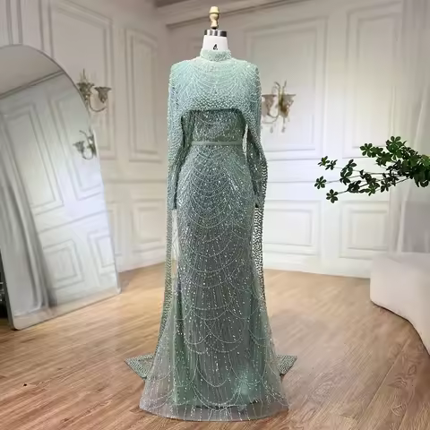 Serene Hill Customized Muslim Hijab Sage Green Long Sleeves Evening Dresses with Cape Dubai 2024 Par