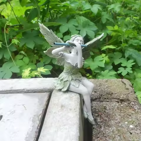 Europe Style Fairy Statue Creative Design Playing Flute Angel Sculpture Resin Elves Garden Lawn Orna