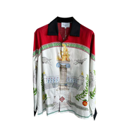 Áo Sơ Mi Casablanca Red White Torch Silk Casual Vacation American Retro Long Sleeve Standard Fit Fou