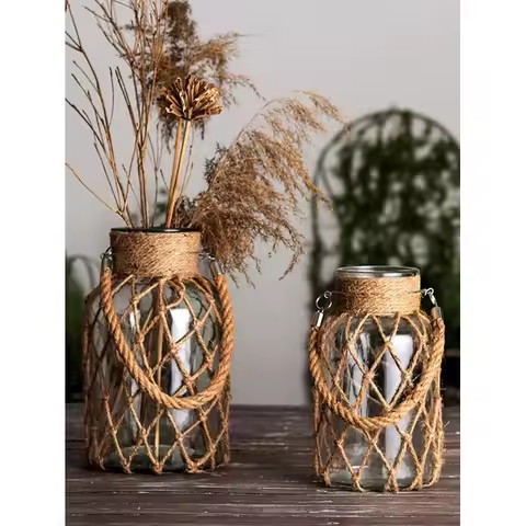 Dry Flower Decor Hand Woven Hemp Rope Glass Vase Nordic Style Boho Home Decoration for Living Room B