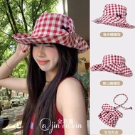 Sweet red plaid bow fisherman's hat for women, summer, outdoor thin wide-brimmed sun hat