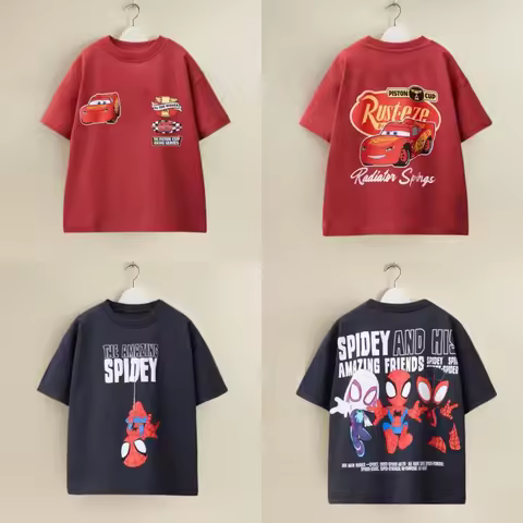 Disney Tee Cars Lightning McQueen Spider Man Double Sided Print Short Sleeved T-shirt Kids Casual Su