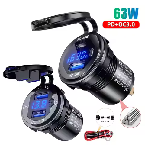 Aluminum Quick Charge 3.0 and PD Dual USB Car Charger Socket 12V/24V 63W Dual USB Motorcycle Socket 