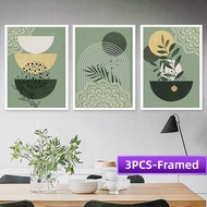 A4/A3 Frame 3PCS Islamic Frame Painting Green Bohemian Poster Abstract Leaf Canvas Painting Wall Art