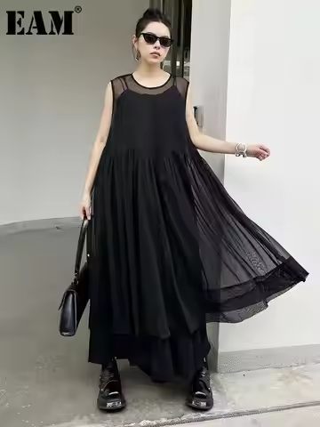 EAM Women Black Mesh Perspective Pleated Big Size Elegant Dress New Round Neck Sleeveless Fashion Sp