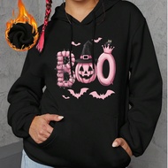 Áo hoodie thể thao nữ họa tiết dơi bí ngô "BOO" Halloween, chất liệu nhung dày dặn, tay dài, mũ trùm