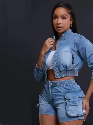 Street Denim 2 Piece Sets Women Outfit Spring Clothing Women Full Sleeve Jean Jacket Crop Top Cargo 