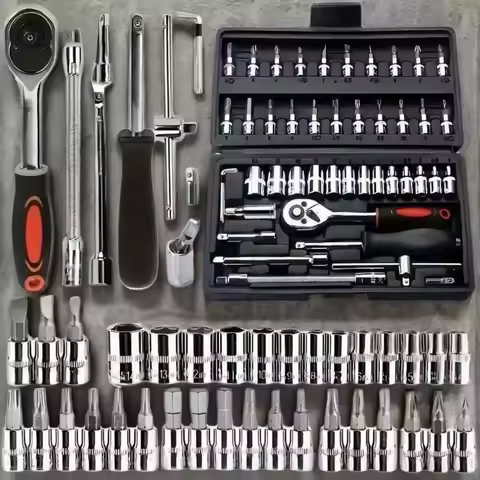 46Pcs Socket Wrench Tool Set, Ratchet Torque Wrench Screwdriver Kit, Portable Repair Tool Box for Ca