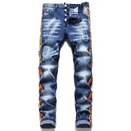 Dsquared2 Brand Mens Jeans Men Casual Straight Slim Stretch D2 Denim Trousers Vintage Patchwork Blue