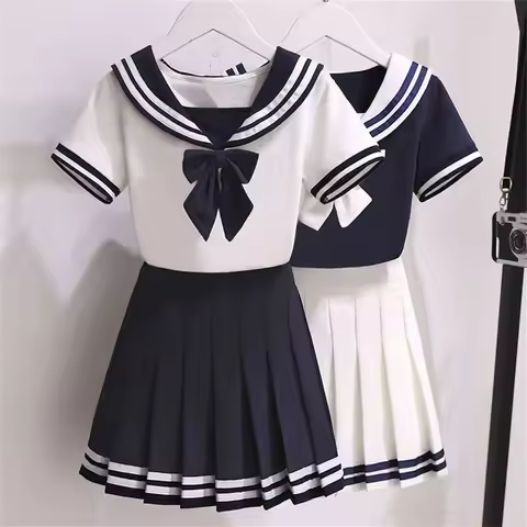 Black White JK Uniform Summer Short Sleeve Shirt+Pleated Skirts Japanese School Uniforms 4-10T Girls