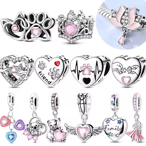 Charms 925 Sterling Silver Crown Heart Family Beads Fit Original 925 Pendent Dangle Bracelet Necklac