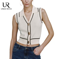 URBAN REVIVO Women's Button Front V Neck Sleeveless Waistcoat Vintage Lapel Collar Vest Coat Polo Collar Casual Tops