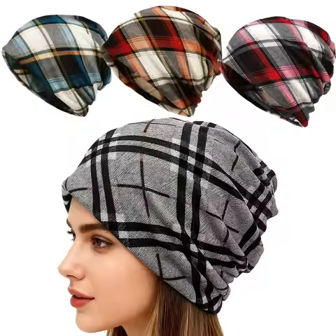 Contrasting Colors Pullover Hat Multifunctional Plaid Print Casual Hedging Cap Scarf Pullover Hat Ke