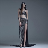 Váy Ngắn Không Tay Hở Vai Bạc Cyberpunk Future Feel Của KLIOU Dành Cho Nữ Áo Khoác Có Mũ Trùm Đầu Vá