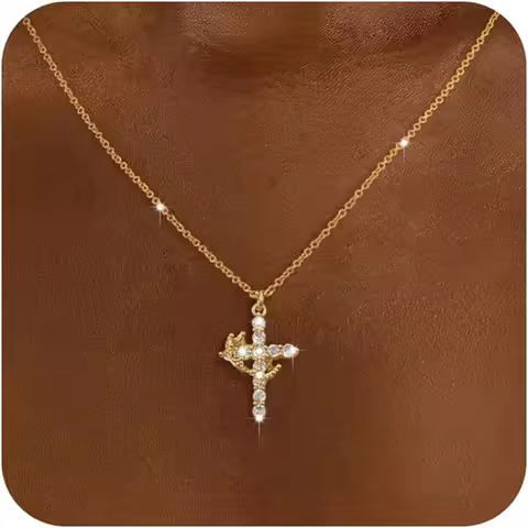 Diamond Cross Necklace for women-Dainty 14k Gold Cubic Zirconia Pendant Simple Gold Cross Necklace C