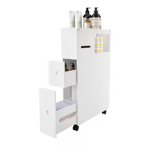 Narrow Toilet Side Storage Cabinet, 52cm x 16.2cm x 75cm White Carved PVC Board 50kg Load 4 Brake Ca