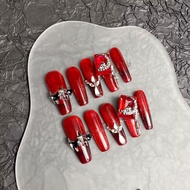 【HANDMADE】Artificial Nail Long Red Cat's eye Diamond Crystal Phototherapy Nails Fake Nails Reusable 