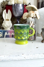 FIRE KING 青綠 x 芥末黃色 菱格咖啡杯 60年代古董 玻璃製品 MUG