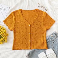 WYWH ผู้หญิงสไตล์วันหยุดสีส้มสบายๆสบายๆเสื้อกันหนาวพร้อม กลวงออก คอและ Tie Detailing