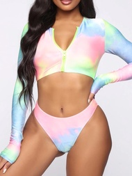 【Exclusive】 2023 Long Sleeve Surfing Swimsuit Female Print Swimwear Women Two Pieces Rashguard Diving Clothes Bathing Swimming Suit