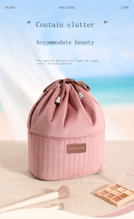 Large Capacity Velvet Drawstring Makeup Bag Leather Detail Travel Cosmetic Pouch Autumn Winter