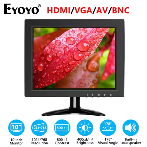 Eyoyo 10 Inch CCTV Security Monitor 4:3 IPS LCD Screen 1024x768 Small TV Computer Display for PC Wit