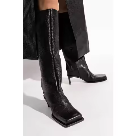 New Fashionable Square Head High Heels Women's Knee Length Boots with Side Zipper Stone Pattern Wome