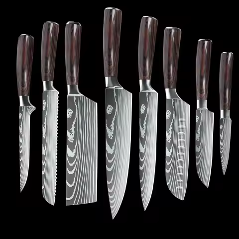 ZENG 8 PCS Kitchen Knives Set Stainless Steel 7CR17 440C Laser Damascus Japanese Santoku Cleaver Sli