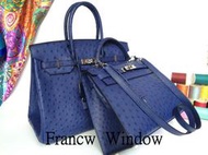 France Window 愛瑪仕 柏金包 Hermes Birkin 35 寶藍色 鴕鳥皮 銀扣