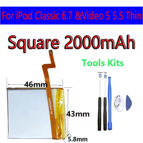 2000mAh Square Battery Upgrade replacement for iPod Classic 6.7&Video 5 5.5 Thin
