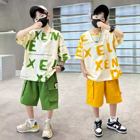 New Fashion Tween Boys Summer Sets Clothing Kids Cotton T-shirt Shorts 2 Pieces Tracksuit Age 5 6 7 